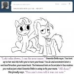 1:1 bitterplaguerat dialogue duo english_text equid equine fan_character female feral friendship_is_magic hasbro horn horse loki_(bitterplaguerat) mammal my_little_pony mythological_creature mythological_equine mythology pony simple_background sweetie_belle_(mlp) text unicorn