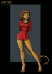 anthro barefoot biped black_background breasts brown_hair cheek_tuft claws clothed clothing digitigrade dress facial_tuft feet female front_view fully_clothed fur grey_background hair hands_behind_back insignia long_hair pupils short_dress simple_background slit_pupils smile solo standing starfleet_insignia tail tail_tuft tan_body tan_fur text toe_claws tuft uniform wide_hips yellow_eyes nightwing1975 star_trek star_trek_the_animated_series m'ress alien caitian felid mammal english_text full-length_portrait portrait