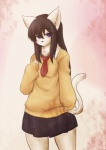 abstract_background anthro biped black_nose blush bottomwear breasts brown_hair clothed clothing domestic_cat felid feline felis female fur hair half-closed_eyes kumainu long_hair looking_at_viewer mammal narrowed_eyes necktie purple_eyes shirt simple_background skirt small_breasts solo standing sweater tail topwear white_body white_fur