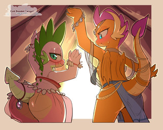 accessory anthro biped blue_eyes blush bodily_fluids body_jewelry butt clothed clothing duo female fingers furgonomics green_tail jewelry male multicolored_body orange_body orange_scales pupils purple_body purple_scales scales smile sweat tail tail_accessory tail_jewelry veil cold-blooded-twilight friendship_is_magic hasbro my_little_pony mythology smolder_(mlp) spike_(mlp) dragon mythological_creature mythological_scalie scalie 2025 5:4 hi_res