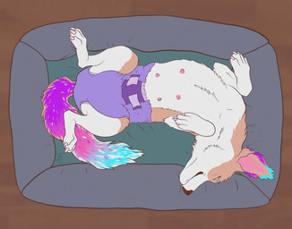 bed clothed clothing cozy diaper dog_bed eyes_closed female feral furniture lying lying_on_bed nipples on_back on_bed pet_bed relaxing simple_background spread_legs spreading wearing_diaper twistedewe canid canine canis domestic_dog mammal hi_res