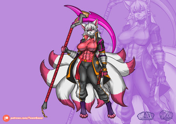 9_tails abs anthro belt bottomwear clothed clothing desert_eagle ear_piercing ear_ring female fur fur_markings gloves gloves_(marking) gun handgun handwear holding_object holding_weapon huge_weapon jacket leg_markings looking_at_viewer markings melee_weapon multi_tail muscular muscular_anthro muscular_female pants piercing pink_body pink_fur pistol polearm ranged_weapon ring_piercing scythe simple_background socks_(marking) solo tail text thick_thighs topwear vest weapon white_body white_fur madbrainarts catalyst_reality_69420_(dracothegolden) canid canine fox mammal watermark