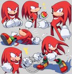 anthro apple clothing food footwear fruit gloves handwear male multiple_poses open_mouth plant pose purple_eyes simple_background solo shio_(zsp1jqohfr12495) sega sonic_the_hedgehog_(series) knuckles_the_echidna echidna mammal monotreme hi_res signature