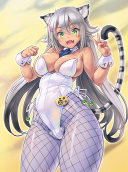 big_breasts blush breasts bunny_costume cleavage clothed clothing costume fangs female fur green_eyes grey_body grey_fur grey_hair hair happy legwear leotard looking_at_viewer open_mouth pantyhose solo standing teeth thick_thighs kiyama_satoshi animal_humanoid cat_humanoid felid felid_humanoid feline feline_humanoid humanoid mammal mammal_humanoid 2015