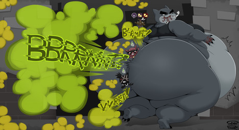 3_toes 4_fingers anthro belly big_butt blood bodily_fluids butt butt_focus city city_background clothing entrapment fart fart_cloud fart_fetish feet female fingers green_fart_cloud group hard_vore huge_butt obese obese_anthro obese_female on_one_leg overweight overweight_anthro overweight_female shirt standing status_effect tank_top toes topwear vore skunk_bunk mewgenics guillotina_(mewgenics) domestic_cat felid feline felis mammal absurd_res hi_res