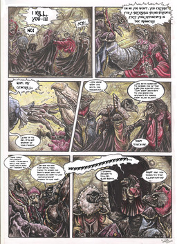 angry anthro beak claws clothed clothing dialogue elderly elderly_intersex fangs fully_clothed gown group inside multi_limb renaissance_clothing rescuing speech_bubble teeth text whimper skekla_(artist) the_dark_crystal skekla_the_illustrator skekna_the_slave_master skeksil_the_chamberlain skekung_the_garthim_master alien skeksis 2016 comic english_description english_text hi_res signature herm_(lore)