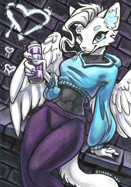 anthro blue_eyes claws clothing fangs female finger_claws fur graffiti graffiti_on_wall leaning leaning_backward leggings legwear looking_at_viewer paint_can pose small_waist solo spread_wings teeth thick_thighs white_body white_fur wide_hips wings stirren felid feline mammal absurd_res hi_res huge_filesize pinup traditional_media_(artwork)