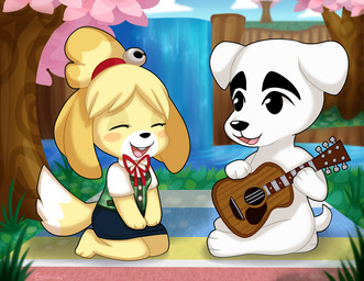 acoustic_guitar anthro bell black_nose bottomwear clothed clothing duo eyelashes eyes_closed female fur grass guitar hair male musical_instrument nature outside paws pencil_skirt plant playing_guitar playing_music plucked_string_instrument river sitting skirt smile string_instrument tree water ambunny animal_crossing nintendo isabelle_(animal_crossing) k.k._slider canid canine canis domestic_dog mammal shih_tzu toy_dog