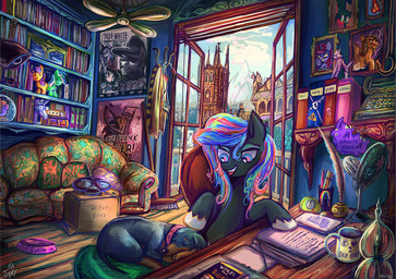 bookshelf bowl box broom ceiling_fan cleaning_tool collar container cup desk duo electric_fan female feral furniture inside lamp lantern loose_feather lying mountain quill table tower typewriter jowybean friendship_is_magic hasbro my_little_pony bonbon_(mlp) fan_character lyra_heartstrings_(mlp) canid canine canis domestic_dog earth_pony equid equine horse mammal pony 2015