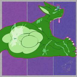 3_toes anthro athletic backsack balls bedroom_eyes big_balls bodily_fluids butt cum cum_drip cum_from_ass cum_in_ass cum_inside cum_on_butt cum_on_face cum_on_glasses cum_on_leg dripping eyewear feet genital_fluids genitals glasses green_arms green_body green_ears green_eyes green_legs looking_at_viewer lying male multicolored_body narrowed_eyes on_side presenting presenting_hindquarters seductive simple_background smile smiling_at_viewer solo toes two_tone_body wdigni42 plap_(wdigni42) kobold scalie absurd_res hi_res watermark