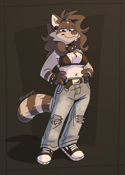anthro belt black_background black_belt black_body black_bra black_clothing black_eyes black_footwear black_fur black_hair black_nose black_shoes black_sneakers black_underwear blue_bottomwear blue_clothing blue_jeans blue_pants bluesky_handle bottomwear bra clothing cuff_(restraint) denim denim_bottomwear denim_clothing detailed_background female footwear fur grey_belt_buckle grey_body grey_fur grey_text hair half-closed_eyes hands_on_hips jeans long_hair markings narrowed_eyes navel pants restraints shoes simple_background smile sneakers solo striped_markings stripes toony torn_bottomwear torn_clothing torn_jeans torn_pants underwear white_clothing white_footwear white_shoelaces white_shoes white_sneakers wrist_cuffs tinydeerguy riley_(tinydeerguy) mammal procyonid raccoon full-length_portrait hi_res portrait