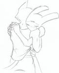 3_eyes anthro bodily_fluids crying duo female hug male male/female multi_eye romantic romantic_couple simple_background tears sildre ruby_quest ruby_(rq) tom_(rq) domestic_cat felid feline felis lagomorph leporid mammal rabbit graphite_(artwork) greyscale line_art monochrome sketch traditional_media_(artwork)