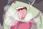 anthro bodily_fluids breath close-up cum cum_in_mouth cum_inside cum_on_face fangs female fur genital_fluids glistening glistening_body green_body green_fur open_mouth pink_nose solo steam teeth tongue tongue_out lobovalkiria nintendo pokemon meowscarada_(lobovalkiria) generation_9_pokemon meowscarada pokemon_(species) hi_res