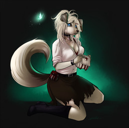 anthro belt black_nose blue_eyes boots bottomwear bra breasts button_(fastener) clothed clothing dark female footwear green_body hair jewelry long_hair necklace nurse red_cross shoes skirt solo tail underwear white_hair spearfrost chloe_tsung arthropod butterfly canid canine canis domestic_dog fairy insect lepidopteran mammal 2010