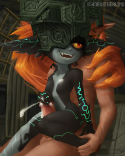 armor big_ears black_body breasts duo ejaculation eyelashes featureless_breasts female genitals green_markings grey_body hair handjob headgear helmet humanoid_pointy_ears male male/female markings nude one_eye_obstructed open_mouth open_smile orange_hair penile penis pointy_ears ponytail prehensile_hair red_eyes sex short_stack small_breasts smile snaggle_tooth tan_body tan_skin thick_thighs wide_hips yellow_sclera horustheblind nintendo the_legend_of_zelda twilight_princess link midna humanoid hylian imp twili