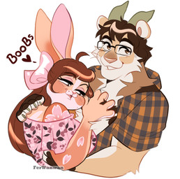 :3 accessory ahoge anthro blush blush_lines bow_ribbon brown_hair cherry_blossom clothed clothing dialogue dress duo eyewear female flower glasses hair hair_accessory hair_bow hair_ribbon hand_on_chest horn hug interspecies male male/female open_clothing open_shirt open_topwear pattern_clothing pattern_shirt pattern_topwear plaid plaid_clothing plaid_shirt plaid_topwear plant prunus_(flower) rectangular_glasses ribbons romantic romantic_couple shirt simple_background smile text topwear whiskers white_background ferwanwan fer_(ferwanwan) javier_(scraphead) cougar felid feline lagomorph leporid mammal rabbit 2023 english_text