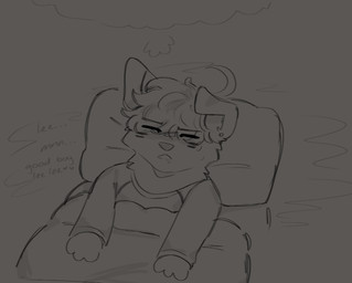 ahoge anthro bed bedding blanket bodily_fluids cheek_stripes dreaming_about_sex drooling ear_piercing floppy_ears furniture good_boy hair male name_drop one_ear_up piercing pillow saliva sleep_talking sleeping solo text cerberussenn oliver_kang_(cerberussenn) border_collie canid canine canis collie domestic_dog herding_dog mammal pastoral_dog sheepdog english_text monochrome