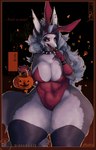 anthro big_breasts big_butt breasts bunny_costume butt candy clothed clothing costume dessert female food fur holidays red_eyes solo thick_thighs white_body white_fur wide_hips sarifairy halloween helluva_boss mythology loona_(helluva_boss) canid canid_demon canine demon hellhound mammal mythological_canine mythological_creature absurd_res hi_res
