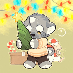 ambiguous_gender anthro black_nose bottomwear brown_bottomwear brown_clothing brown_pants candy candy_cane chibi christmas_clothing christmas_decorations christmas_headwear christmas_lights clothed clothing dessert duo food front_view fur grey_body grey_fur grey_horn hat headgear headwear holidays horn orange_clothing orange_topwear pants question_mark santa_hat simple_background simple_eyes standing topwear unsigned white_horn yellow_clothing yellow_eyes yellow_topwear asnnonaka christmas ryuusei 1:1