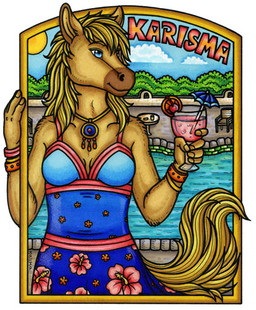 5_fingers alcohol anthro beverage blue_eyes blue_sky bracelet breasts brown_body brown_fur brown_hair cleavage clothed clothing cloud cocktail day detailed_background dress female fingers front_view fur hair holding_glass holding_object jewelry necklace outside sky smile solo sun swimming_pool kalika-tybera equid equine horse mammal 2010 low_res signature