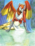 anthro beak breasts clothed clothing female nipples non-mammal_breasts non-mammal_nipples solo topless ayame_emaya mythology xan_(ayame_emaya) ara_(genus) avian bird chimera felid feline gryphon leopardus macaw mammal margay mythological_avian mythological_creature neotropical_parrot parrot scarlet_macaw true_parrot