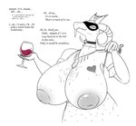 2021 absurd_res alcohol anthro beverage big_breasts bodily_fluids breast_tattoo breasts clothed clothing clothing_pull container cup dialogue dialogue_box digital_drawing_(artwork) digital_media_(artwork) dragon dress drinking_glass english_text female glass glass_container glass_cup heart_symbol hi_res holding_object horn horn_jewelry horn_ring huge_breasts jewelry keinga line_art looking_at_viewer looking_away mask masquerade_mask mythological_creature mythological_scalie mythology narrowed_eyes neck_ring necklace nipples partially_clothed restricted_palette ring_(jewelry) scalie shaded signature simple_background simple_shading solo sweat tattoo text tongue tongue_out wine wine_glass