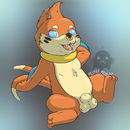 animal_genitalia arm_fin balls blue_eyes dipstick_tail facial_markings facial_piercing fangs fin flotation_sac forked_tail fully_sheathed fur genitals head_markings ladder_piercing leaning leaning_backward logo looking_at_viewer male markings nose_piercing nose_ring nude nude_male open_mouth orange_body orange_fur piercing rainbow_piercings ring_piercing sheath solo spread_legs spreading tail tail_markings tan_body tan_fur teeth tongue unusual_anatomy unusual_tail whisker_markings pastelpaints nintendo pokemon buizel generation_4_pokemon pokemon_(species) 1:1 2026 absurd_res artist_logo digital_media_(artwork) hi_res signature