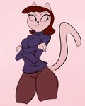 anthro breasts brown_hair cleavage clothed clothing dark_eyes female fur hair medium_breasts pink_body pink_fur purple_clothing simple_background simple_coloring solo sweater tail thick_thighs topwear upset gold-white-kott a_kitty_bobo_show cartoon_network maggie_(kitty_bobo) domestic_cat felid feline felis mammal 2022 colored shaded simple_shading