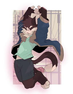 abstract_background anthro barefoot blue_clothing blue_jacket blue_shirt blue_t-shirt blue_topwear brown_body brown_fur clothed clothed_anthro clothed_male clothing eyes_closed feet fully_clothed fully_clothed_anthro fully_clothed_male fur jacket jumping male pawpads paws shirt short solo t-shirt tail topwear whiskers white_body white_fur brokesgone milo_(brokesgone) domestic_cat felid feline felis mammal 2024 digital_drawing_(artwork) digital_media_(artwork) hi_res