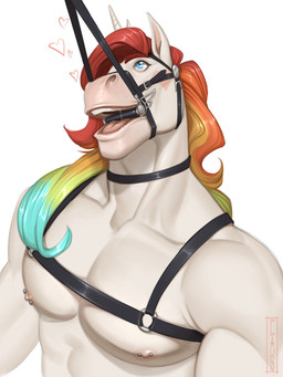 abs anthro areola black_harness blue_eyes bodily_fluids collarbone eyebrows gag gagged hair harness heart_(marking) horn long_hair looking_up male male_anthro markings multicolored_hair muscular muscular_male nipple_piercing nipples nude_anthro nude_male open_mouth pecs piercing pink_areola pink_markings pink_nipples red_eyebrows saliva simple_background solo teeth white_background 1cassius1 mythology equid equine mammal mythological_creature mythological_equine unicorn 2022 3:4 colored digital_drawing_(artwork) digital_media_(artwork) hi_res shaded