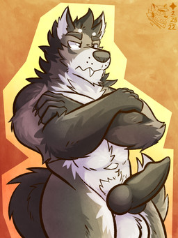abs animal_genitalia animal_penis anthro balls biceps big_balls big_penis black_body black_fur black_nose black_penis canine_genitalia canine_penis crossed_arms crotch_tuft erection fangs fur genitals grey_body grey_fur grumpy hair knot looking_away male muscular muscular_anthro muscular_male pecs penis pose solo standing teeth thick_penis toony tuft white_body white_fur ventkazemaru mythology maiovik_araius_(tundra_charger) canid canine canis mammal mythological_canine mythological_creature werecanid werecanine werecreature werewolf wolf 2022 3:4 absurd_res hi_res pinup shaded