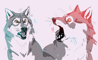 ambiguous_gender black_nose blue_light cheek_tuft duo facial_tuft fangs feral fur glistening glistening_eyes grey_body grey_fur grey_tongue neck_tuft open_mouth red_lighting simple_background surprised teeth tongue tuft unsigned whiskers white_background white_body white_fur justkiddinb canid canine canis mammal wolf hi_res
