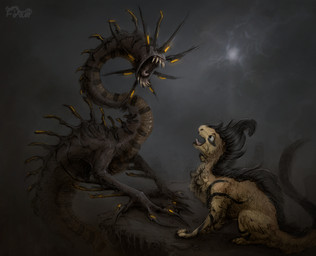 black_body black_claws black_fur black_mane black_markings brown_body claws digitigrade duo eyeless feral fur male mane markings quadruped roaring scared sharp_teeth spikes tail teeth yellow_body yellow_eyes yellow_fur firael mythology eri_rosso(character) koul_erdeshaz(character) dragon furred_dragon furred_scalie monster mythological_creature mythological_scalie scalie wingless_dragon worm hi_res