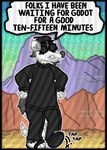 anthro black_clothing clothed clothing eyewear facial_hair fur glasses hat headgear headwear humor male round_glasses solo speech_bubble tapping tapping_foot text white_body white_fur opossumvalley jerkcity spigot_(jerkcity) american_opossum mammal marsupial english_text hi_res meme