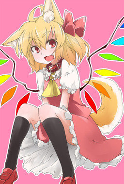 accessory ahoge black_clothing black_legwear blonde_hair bottomwear bow_(feature) bow_accessory bow_ribbon clothing collar fangs female hair hair_accessory hair_bow hair_ribbon legwear looking_at_viewer open_mouth pink_background ponytail red_eyes ribbons short_hair side_ponytail simple_background sitting skirt solo tail teeth gen_ariyoshi touhou flandre_scarlet animal_humanoid humanoid vampire