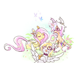 1_horn :d accessory blonde_hair blue_highlights blush bow_ribbon chest_tuft closed_smile cozy cutie_mark eyes_closed eyewear feather_hair feathers female female_feral feral flower flower_in_hair flower_in_mane food furgonomics glasses grass grey_body group hair hair_accessory highlights_(coloring) holding_food holding_muffin holding_object horn looking_up lying magic magic_user mouth_closed muffin multicolored_hair musical_note musical_symbol necktie on_back on_front open_mouth open_smile pink_bow pink_hair pink_ribbon pink_tail plant plant_hair ponification pseudo_hair purple_highlights purple_necktie ribbons sitting smile spread_wings symbol tail tail_accessory tail_bow tail_ribbon tail_tuft tan_body tan_skin tan_tail trio tuft unicorn_horn white_ears white_hair white_tail_tuft wings yellow_body yellow_eyes chatoyancy friendship_is_magic hasbro my_little_pony mythology derpy_hooves_(mlp) fan_character fluttershy_(mlp) jazz_(chatoyancy) ambient_arthropod ambient_butterfly ambient_insect arthropod butterfly equid equine insect lepidopteran mammal mythological_creature mythological_equine pegasus unicorn 2025 digital_drawing_(artwork) digital_media_(artwork) hi_res
