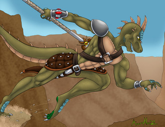 abs anthro armor barbarian belt blue_body blue_skin bottomwear bracelet clothing desert detailed_background green_body green_skin horn jewelry loincloth male medieval_clothing melee_weapon muscular muscular_anthro muscular_male polearm scales solo spear tail weapon arawnnox reptile_cynrik_(character) reptile scalie