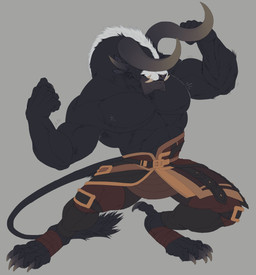 abs anthro belt belt_buckle bent_legs biceps black_body black_fur bottomwear bovine_ears buckle claws clothed clothing fangs fist flexing fur gradient_horn horn male mane muscular muscular_anthro muscular_male obscured_eyes pecs solo standing tail teeth topless tusks white_mane nahst_y guild_wars vorias_(nahst_y) charr felid mammal 2026 absurd_res colored digital_drawing_(artwork) digital_media_(artwork) hi_res