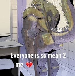 anthro bathing big_butt butt humor male muscular muscular_anthro nude shower showering solo text galanartworks everyone_is_so_mean_to_me mortal_kombat reptile_(mortal_kombat) reptile scalie absurd_res english_text hi_res meme