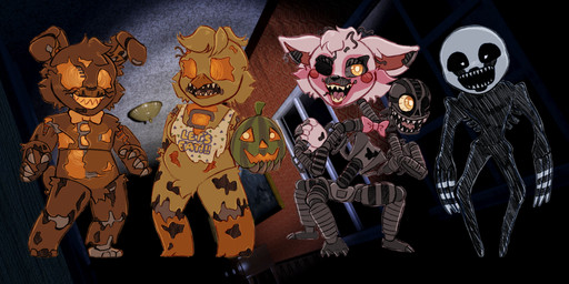 bow_tie chibi female food fruit machine male paradeyesterday plant pumpkin smile standing toony parade_yesterday five_nights_at_freddy's five_nights_at_freddy's_4 scottgames jack-o-bonnie_(fnaf) jack-o-chica_(fnaf) nightmare_mangle_(fnaf) nightmarionne_(fnaf) animatronic avian bird canid canine chicken fox galliform humanoid lagomorph leporid mammal phasianid rabbit robot 2:1 absurd_res digital_drawing_(artwork) digital_media_(artwork) hi_res sketch