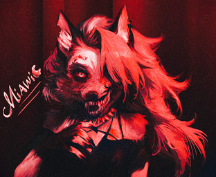 anthro claws fangs female grey_hair hair miawic red_eyes solo teeth hellaverse helluva_boss mythology loona_(helluva_boss) canid canid_demon canine canis demon hellhound mammal mythological_canine mythological_creature wolf signature