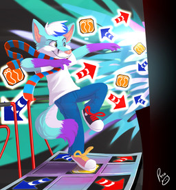 abstract_background anthro black_clothing black_footwear black_shoes blue_body blue_bottomwear blue_clothing blue_fur blue_hair blue_pants blue_scarf bottomwear closed_smile clothed clothing dancing footwear fur glistening glistening_eyes hair logo male mouth_closed multicolored_hair pants pattern_clothing pattern_scarf pink_clothing pink_footwear pink_shoes pump_it_up_machine purple_body purple_fur red_scarf scarf shirt shoes short_hair smile solo striped_clothing striped_scarf stripes t-shirt topwear two_tone_hair white_body white_clothing white_fur white_hair white_shirt white_t-shirt white_topwear yellow_eyes young young_anthro young_male pandapaco pump_it_up absurd_res artist_logo hi_res signature