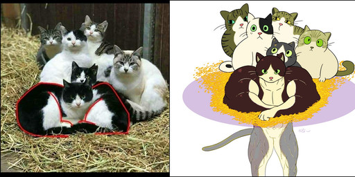 ambiguous_gender anthro anthrofied big_muscles comparison feral fur group hay hole_(pit) humor looking_at_viewer male muscular muscular_ambiguous muscular_anthro muscular_male simple_background tail tuft whiskers white_background keke_(artist) domestic_cat felid feline felis mammal 2021 hi_res photography_(artwork) reference_image