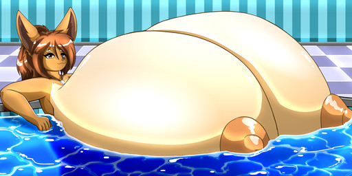 anthro areola bathing big_breasts breasts brown_body brown_eyes brown_fur brown_hair cleavage clothed clothing confident confident_female everstone female fur hair huge_breasts hyper hyper_breasts indoor_pool jewelry leaning leaning_backward long_ears looking_at_viewer necklace necklace_only nipples nude ponytail short_eyebrows smug solo water drgnalexia nintendo pokemon elly_darwin_(pelleelle) eevee generation_1_pokemon pokemon_(species) hi_res