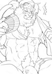 abs anthro blush embarrassed flaccid genitals male mane muscular muscular_anthro muscular_male nipples nude pecs penis penis_base pubes scar solo towel private_chidori lifewonders live_a_hero toshu felid lion mammal pantherine hi_res monochrome