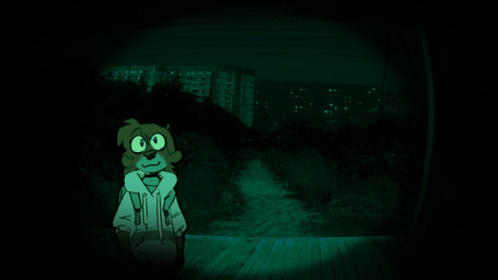 anthro backpack choker clothed clothing female hoodie jewelry looking_at_viewer necklace night_vision outside peephole solo topwear videogame_setting young young_anthro spinater no_i'm_not_a_human hannah_von_dan deer mammal 16:9 digital_media_(artwork) hi_res widescreen