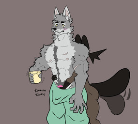 anthro beverage coffee coffee_mug duo grey_background male male/male scar simple_background surprised tail tail_motion tailwag beeriebusy aveerie_(beeriebusy) bat-eared_fox canid canine canis fox mammal wolf 2026 absurd_res digital_media_(artwork) hi_res