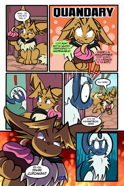 6_panel_comic ambiguous_gender black_cape black_clothing black_eyes black_nose black_text bodily_fluids brown_body brown_fur brown_hair cape clothing cupcake day dialogue dot_pupils duo ellipsis exclamation_point eye_contact eyebrows eyelashes feral fluffy fluffy_tail food fur hair holding_cupcake holding_food holding_object horn inner_ear_fluff inner_monologue looking_at_another looking_at_food looking_at_object mouth_closed neck_tuft nervous nervous_sweat open_mouth outside page_number paws plant quadruped question_mark questioning_ellipsis red_eyes sky speech_bubble standing sweat sweatdrop tail talking_to_another text thinking toony translucent translucent_hair tree tuft white_body white_fur white_hair white_sclera virmir nintendo pokemon pokemon_mystery_dungeon spike_chunsoft virmir_(character) absol eevee generation_1_pokemon generation_3_pokemon pokemon_(species) 2025 2:3 absurd_res comic english_text hi_res signature female_(lore) male_(lore)