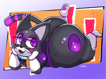anthro big_butt butt car dwarfism eyewear glasses gloves_(marking) leg_markings lying machine male markings neon neon_lights on_front short shortstack shortstack_male socks_(marking) solo speaker subwoofer thick_thighs vehicle saltyseaskunk hi-fi_rush microsoft tango_gameworks 808_(hi-fi_rush) milo_(griffeyenderman) domestic_cat felid feline felis mammal robot hi_res