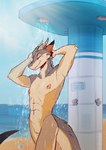 abs anthro barbell_piercing bathing beach featureless_crotch fur horn male nipples nude piercing showering solo standing nebanan mythology dragon furred_dragon furred_scalie mythological_creature mythological_scalie scalie absurd_res hi_res